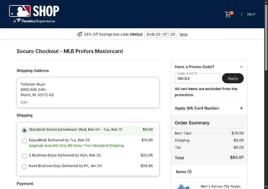 Kansas City Royals checkout page showing Kansas City Royals coupon code box | Screenshot taken by SimplyCodes community member on Jan 28, 2026