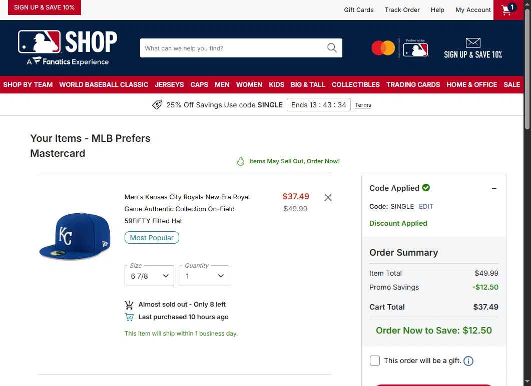 Kansas City Royals checkout page showing Kansas City Royals coupon code box | Screenshot taken by SimplyCodes community member on Feb 4, 2026