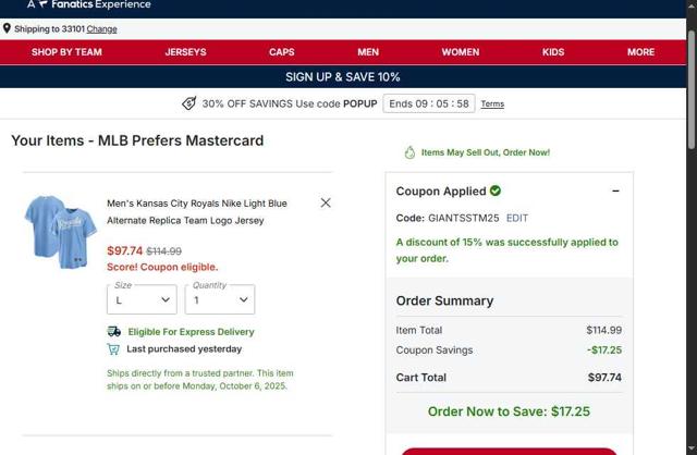 Kansas City Royals checkout page showing Kansas City Royals coupon code box | Screenshot taken by SimplyCodes community member on Oct 3, 2025