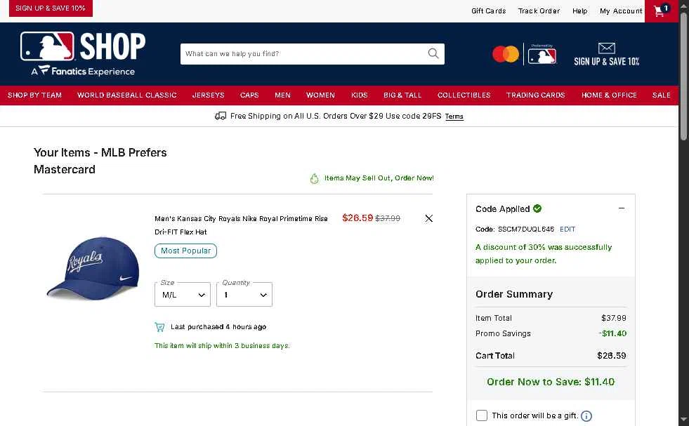 Kansas City Royals checkout page showing Kansas City Royals coupon code box | Screenshot taken by SimplyCodes community member on Jan 26, 2026