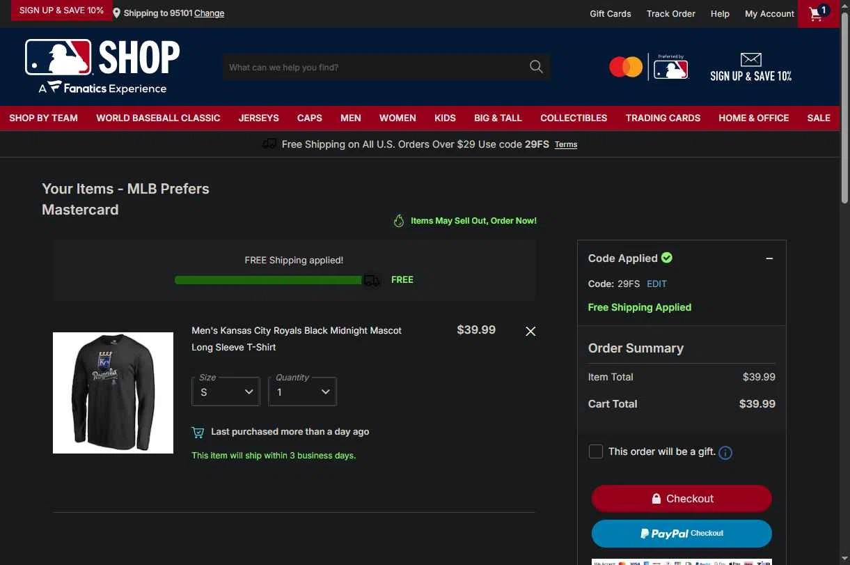 Kansas City Royals checkout page showing Kansas City Royals coupon code box | Screenshot taken by SimplyCodes community member on Jan 19, 2026