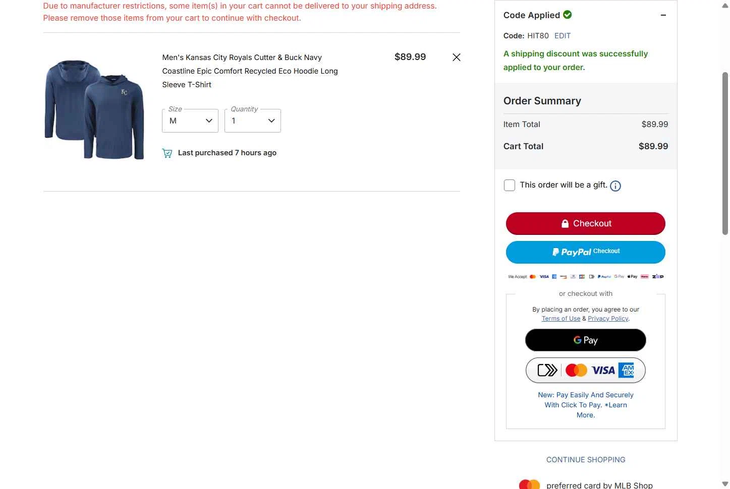 Kansas City Royals checkout page showing Kansas City Royals coupon code box | Screenshot taken by SimplyCodes community member on Feb 10, 2026