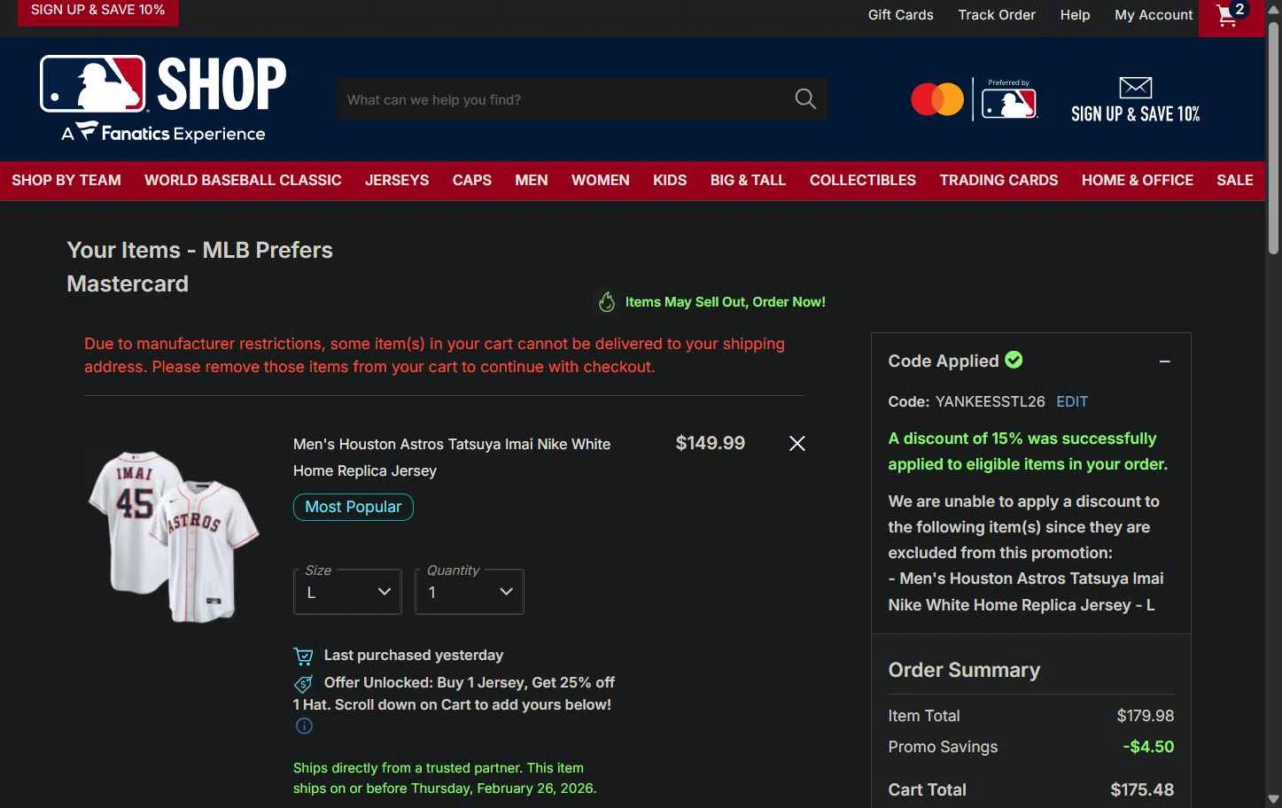 Kansas City Royals checkout page showing Kansas City Royals coupon code box | Screenshot taken by SimplyCodes community member on Feb 12, 2026