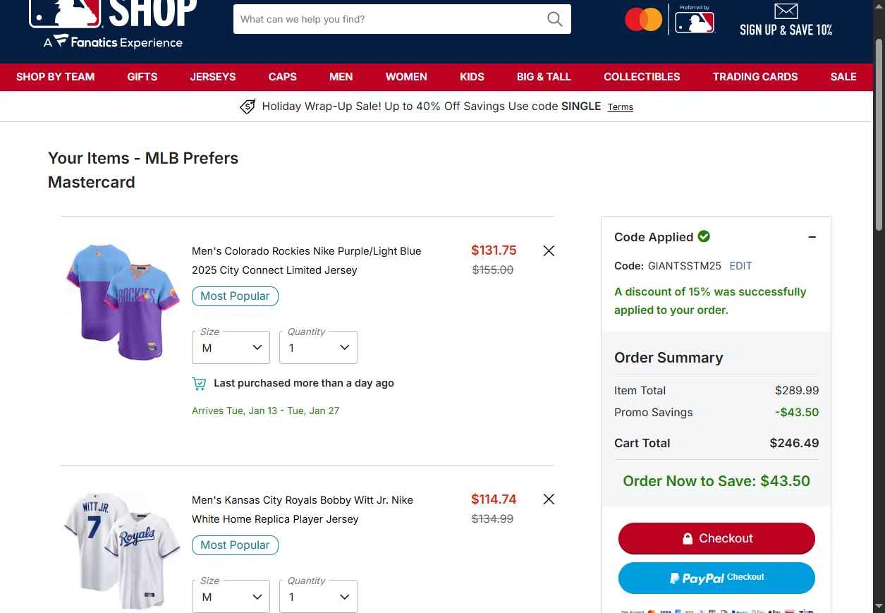 Kansas City Royals checkout page showing Kansas City Royals coupon code box | Screenshot taken by SimplyCodes community member on Dec 27, 2025