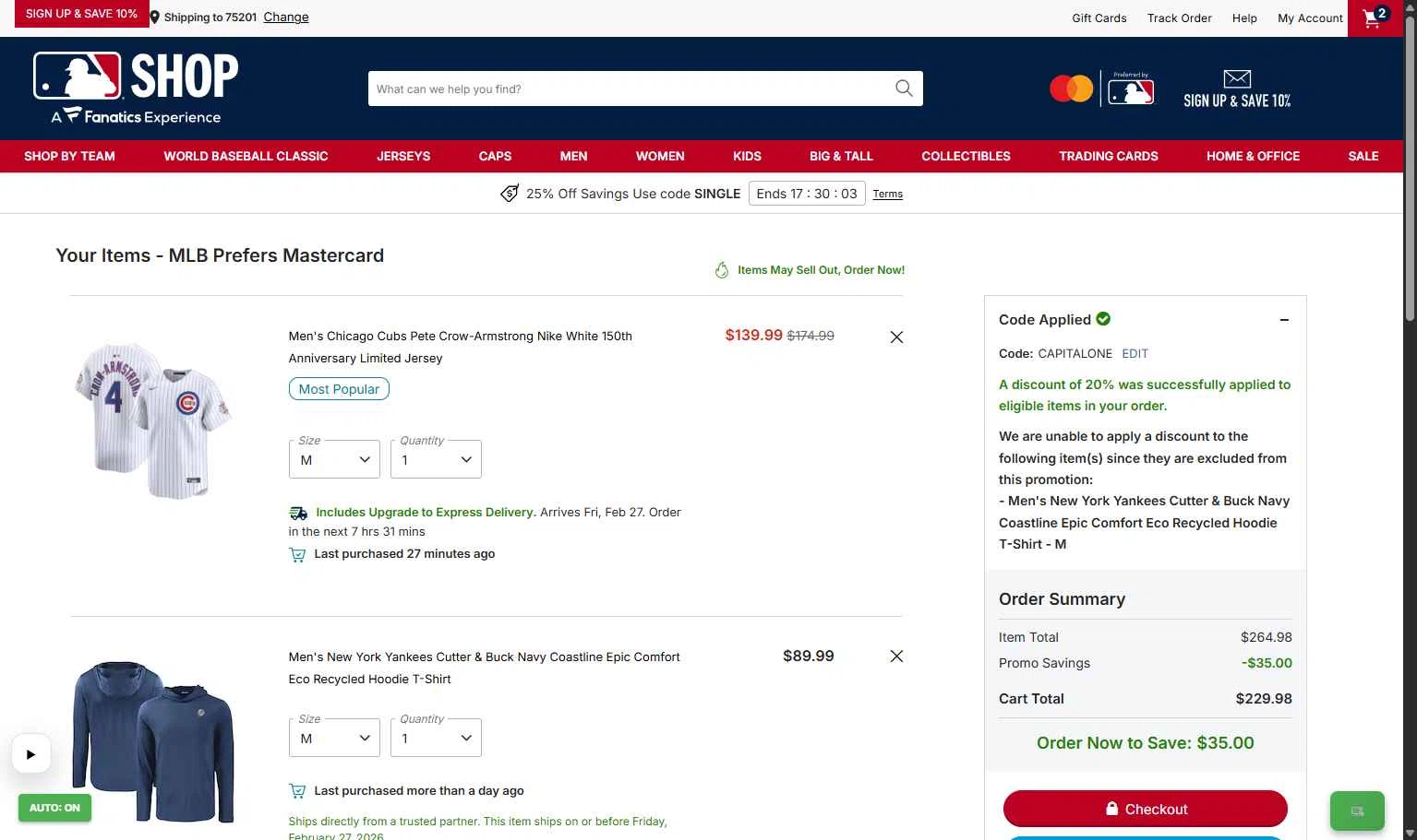 Kansas City Royals checkout page showing Kansas City Royals coupon code box | Screenshot taken by SimplyCodes community member on Feb 24, 2026