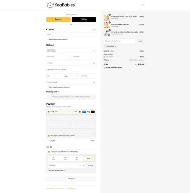 Keababies checkout page showing Keababies coupon code box | Screenshot taken by SimplyCodes community member on Sep 6, 2025