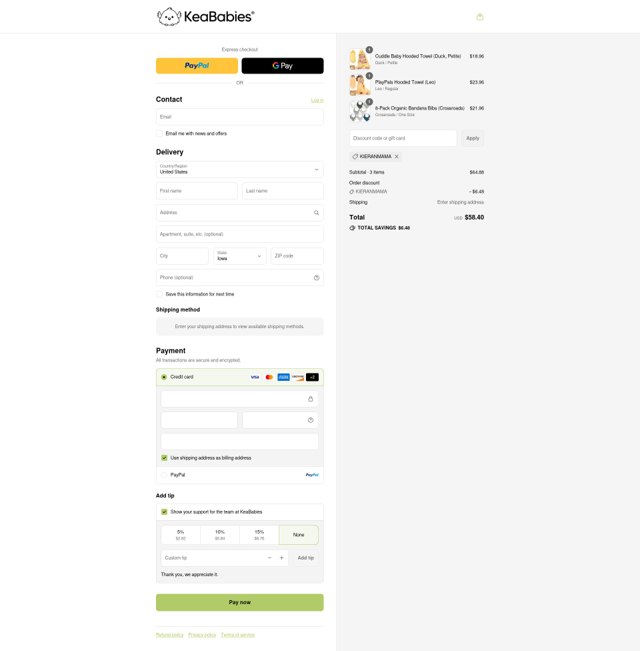 Keababies checkout page showing Keababies coupon code box | Screenshot taken by SimplyCodes community member on Sep 6, 2025