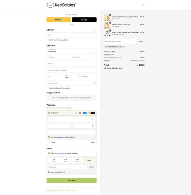 Keababies checkout page showing Keababies coupon code box | Screenshot taken by SimplyCodes community member on Sep 6, 2025