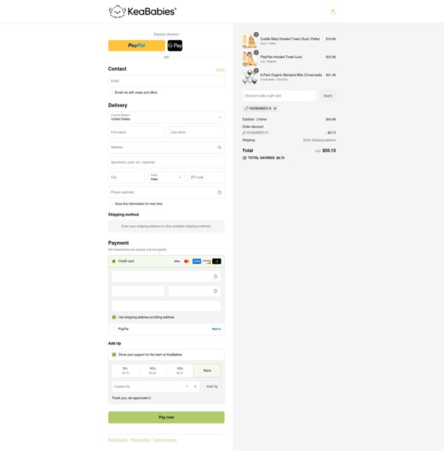 Keababies checkout page showing Keababies coupon code box | Screenshot taken by SimplyCodes community member on Sep 6, 2025