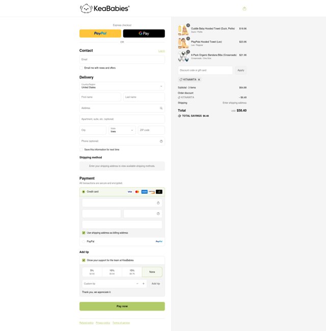 Keababies checkout page showing Keababies coupon code box | Screenshot taken by SimplyCodes community member on Sep 6, 2025