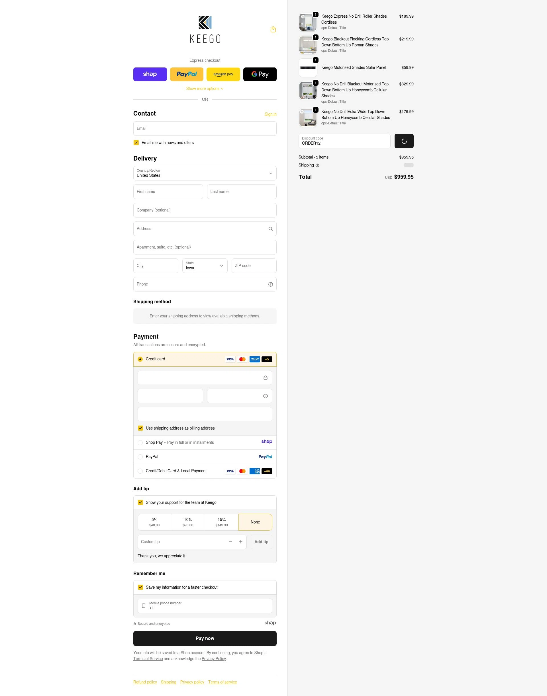 KEEGO Blinds checkout page showing KEEGO Blinds promo code box | Screenshot taken by SimplyCodes community member on Jan 10, 2026