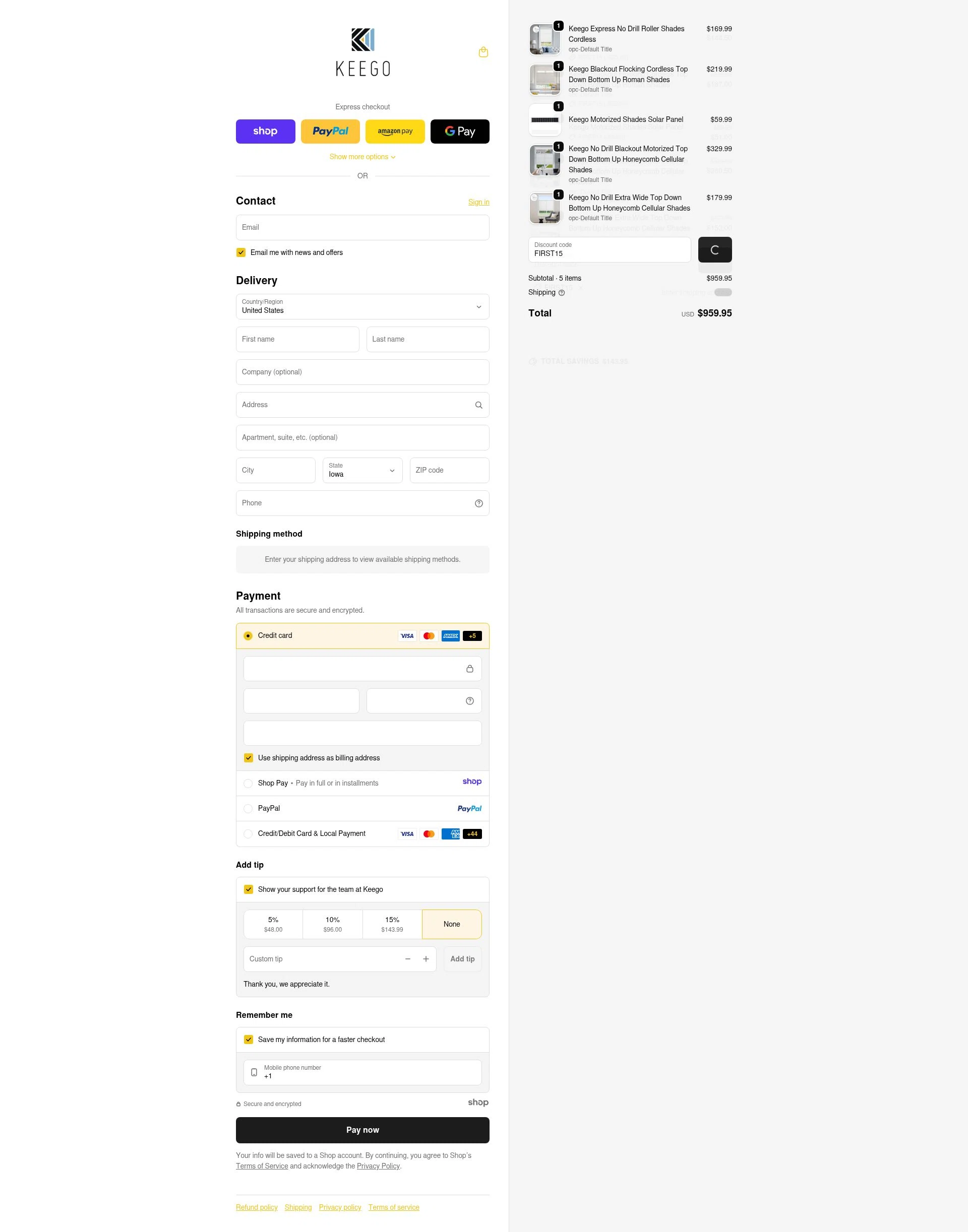 KEEGO Blinds checkout page showing KEEGO Blinds promo code box | Screenshot taken by SimplyCodes community member on Jan 5, 2026