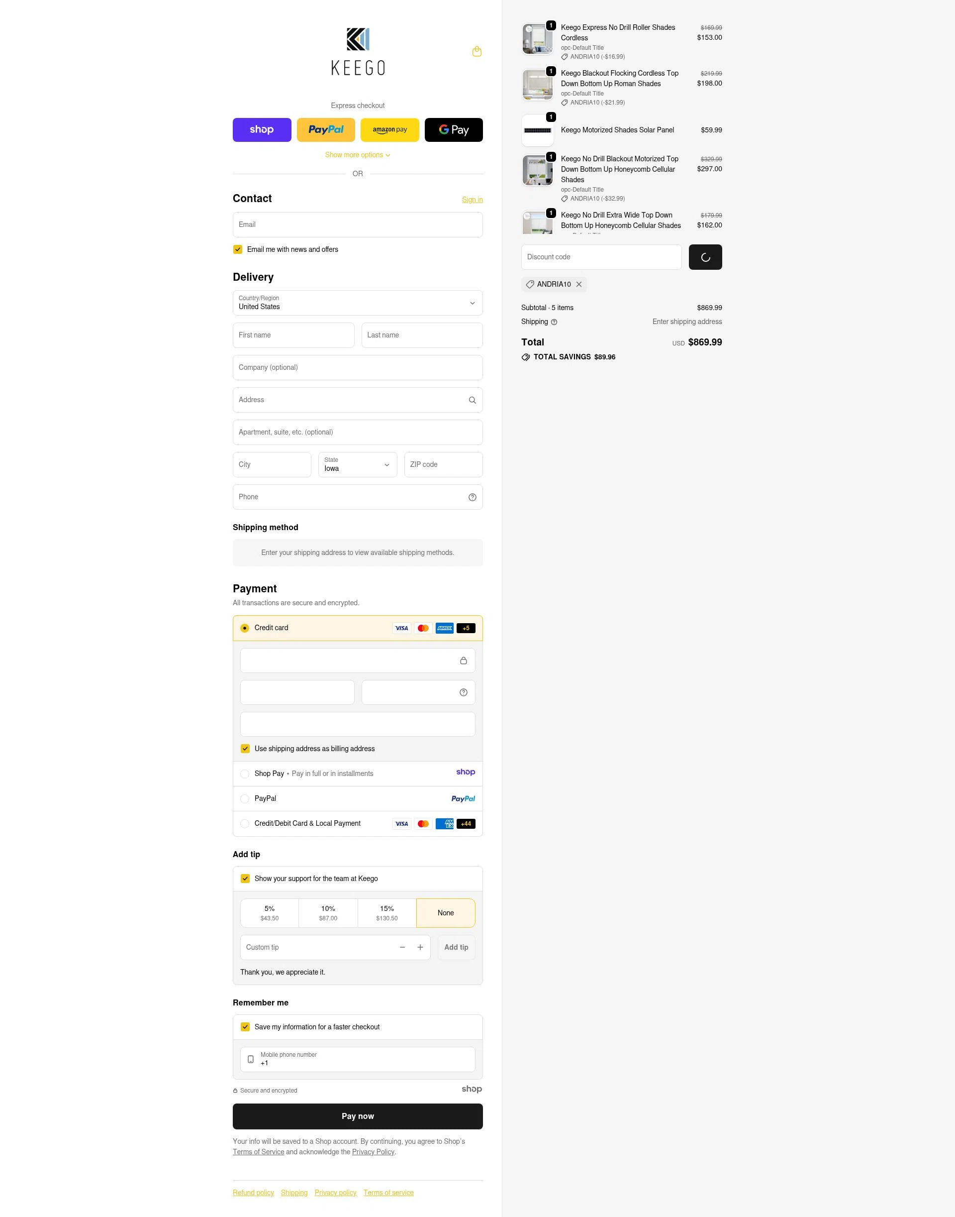KEEGO Blinds checkout page showing KEEGO Blinds promo code box | Screenshot taken by SimplyCodes community member on Jan 5, 2026