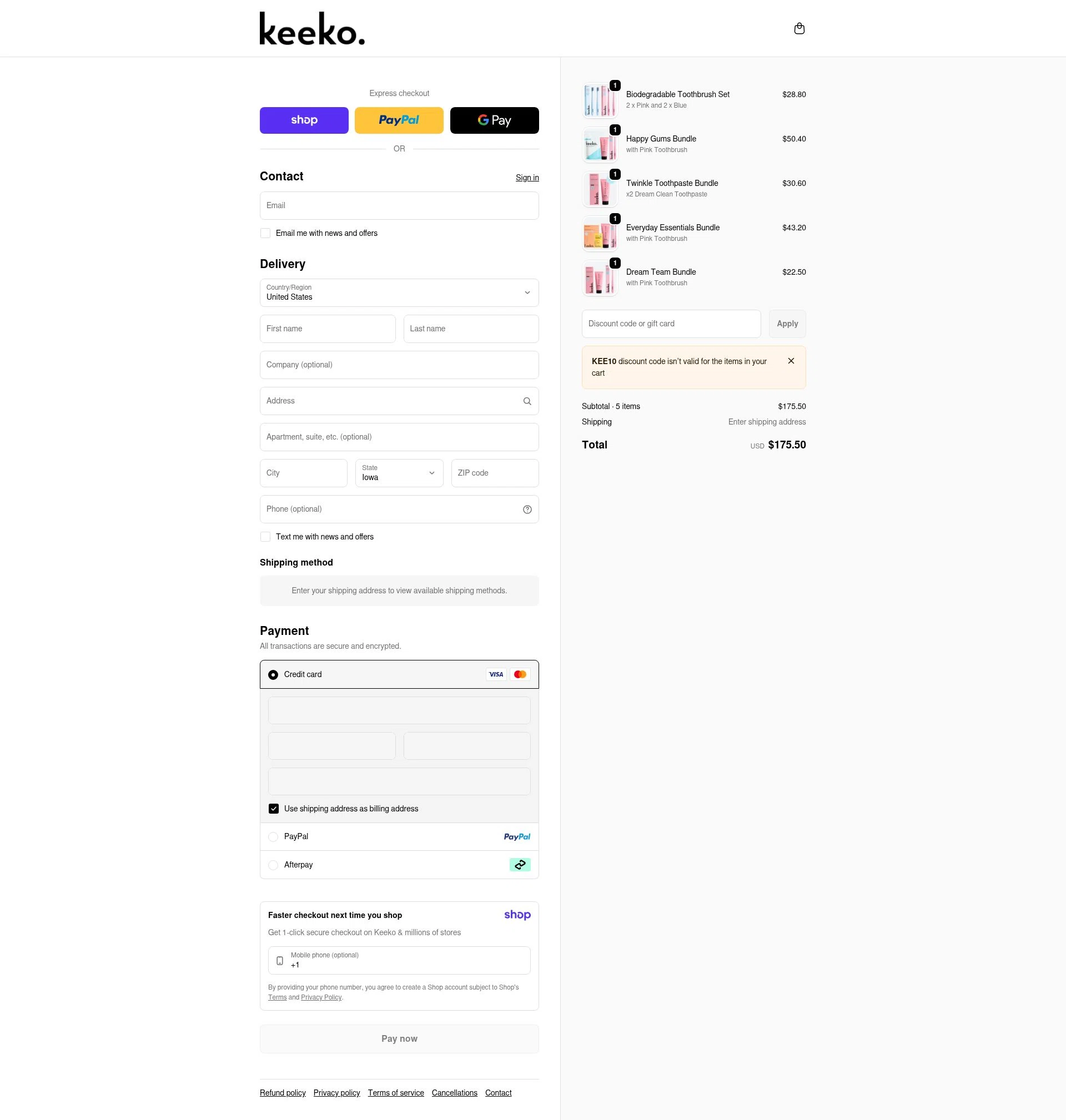 Keeko Oral Care checkout page showing Keeko Oral Care promo code box | Screenshot taken by SimplyCodes community member on Jan 9, 2026