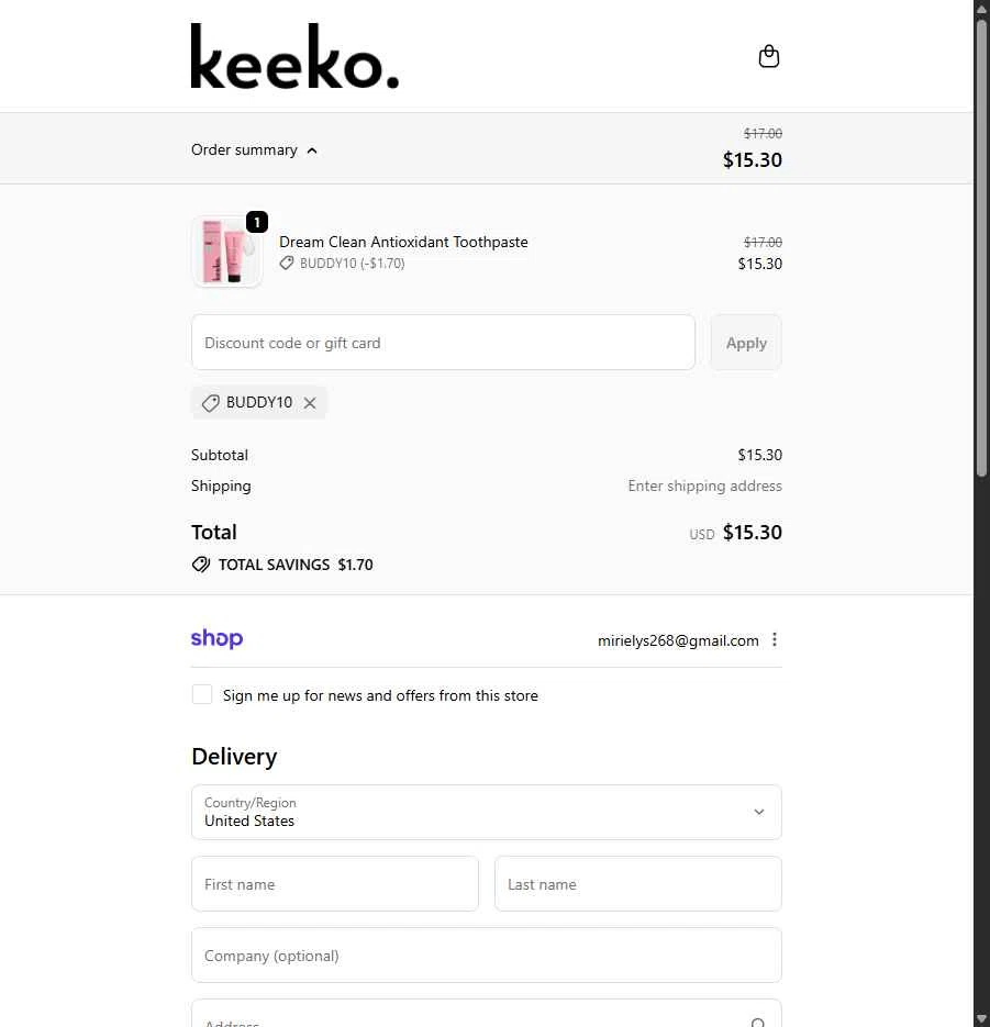 Keeko Oral Care checkout page showing Keeko Oral Care promo code box | Screenshot taken by SimplyCodes community member on Jan 9, 2026