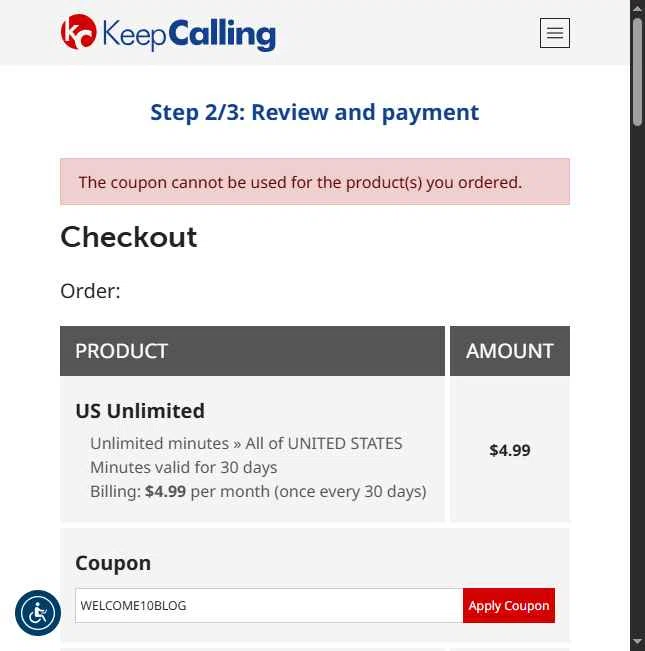 KeepCalling checkout page showing KeepCalling coupon code box | Screenshot taken by SimplyCodes community member on Sep 12, 2025