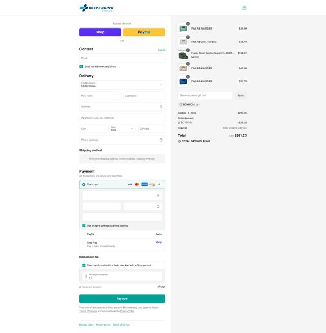 Keep Going First Aid checkout page showing Keep Going First Aid promo code box | Screenshot taken by SimplyCodes community member on Sep 8, 2025