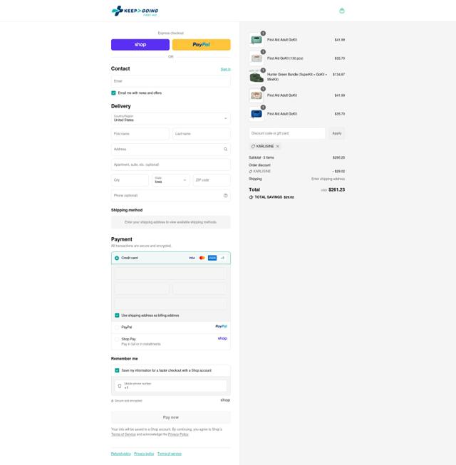 Keep Going First Aid checkout page showing Keep Going First Aid promo code box | Screenshot taken by SimplyCodes community member on Sep 12, 2025