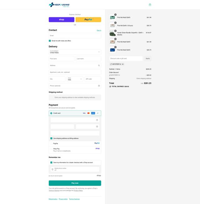 Keep Going First Aid checkout page showing Keep Going First Aid promo code box | Screenshot taken by SimplyCodes community member on Sep 12, 2025
