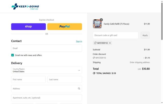 Keep Going First Aid checkout page showing Keep Going First Aid promo code box | Screenshot taken by SimplyCodes community member on Sep 12, 2025