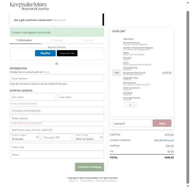 KeepsakeMom checkout page showing KeepsakeMom promo code box | Screenshot taken by SimplyCodes community member on May 6, 2025