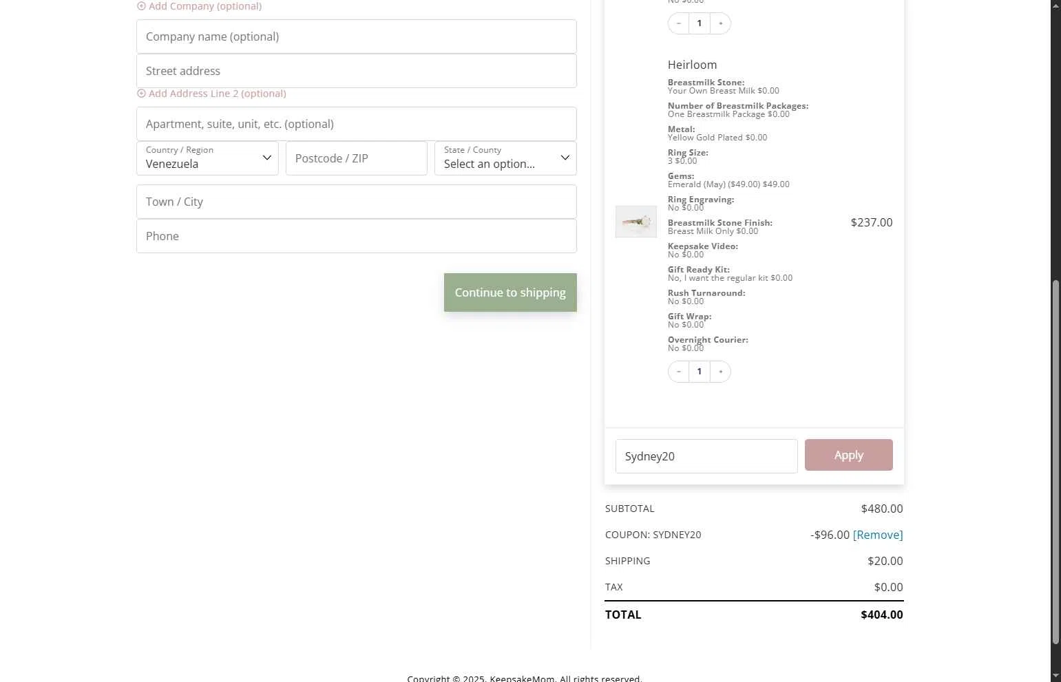 KeepsakeMom checkout page showing KeepsakeMom promo code box | Screenshot taken by SimplyCodes community member on May 6, 2025
