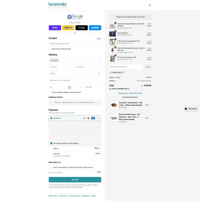 Keepsake Quilting checkout page showing Keepsake Quilting promo code box | Screenshot taken by SimplyCodes community member on Sep 12, 2025