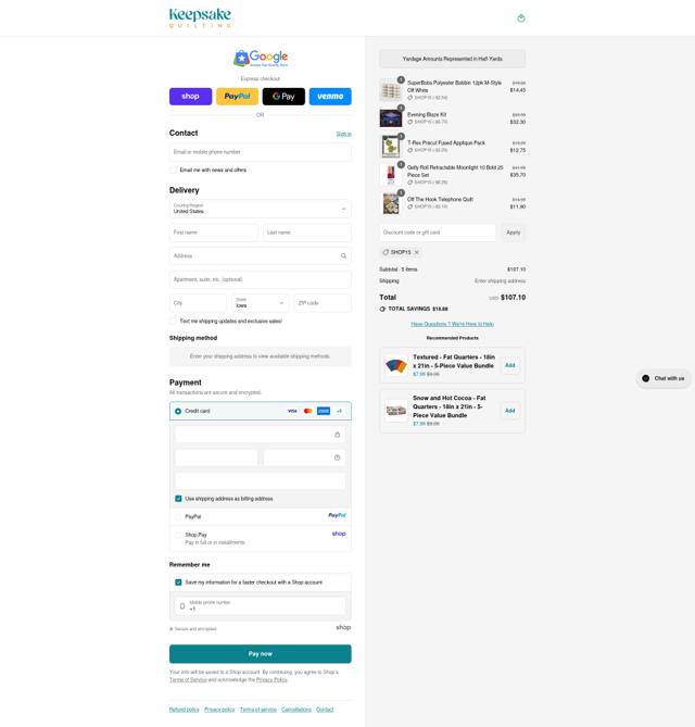 Keepsake Quilting checkout page showing Keepsake Quilting promo code box | Screenshot taken by SimplyCodes community member on Sep 12, 2025