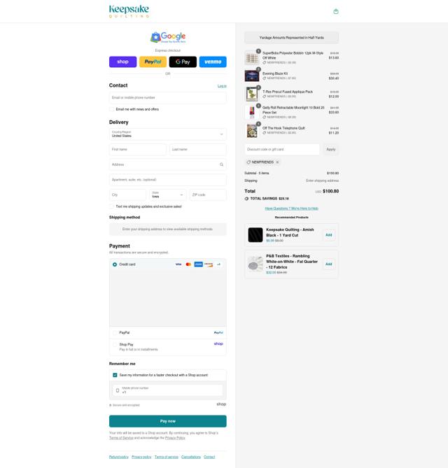 Keepsake Quilting checkout page showing Keepsake Quilting promo code box | Screenshot taken by SimplyCodes community member on Sep 8, 2025