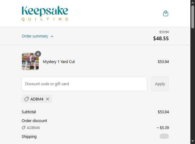 Keepsake Quilting checkout page showing Keepsake Quilting promo code box | Screenshot taken by SimplyCodes community member on Sep 9, 2025