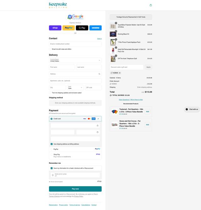Keepsake Quilting checkout page showing Keepsake Quilting promo code box | Screenshot taken by SimplyCodes community member on Sep 12, 2025