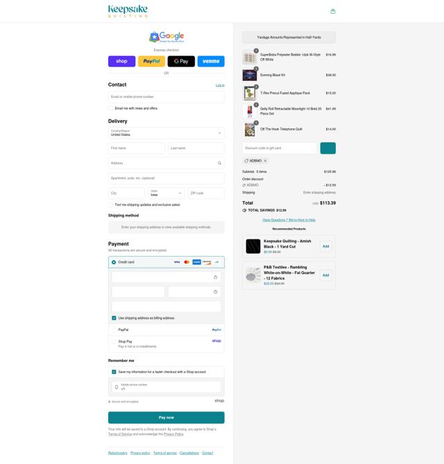 Keepsake Quilting checkout page showing Keepsake Quilting promo code box | Screenshot taken by SimplyCodes community member on Sep 8, 2025