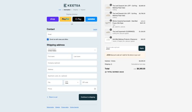 Keetsa checkout page showing Keetsa coupon code box | Screenshot taken by SimplyCodes community member on Sep 2, 2025