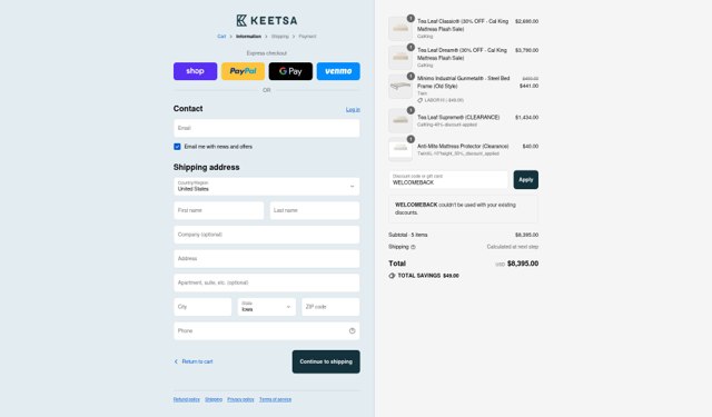 Keetsa checkout page showing Keetsa coupon code box | Screenshot taken by SimplyCodes community member on Sep 2, 2025