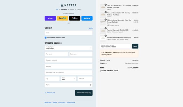 Keetsa checkout page showing Keetsa coupon code box | Screenshot taken by SimplyCodes community member on Sep 2, 2025