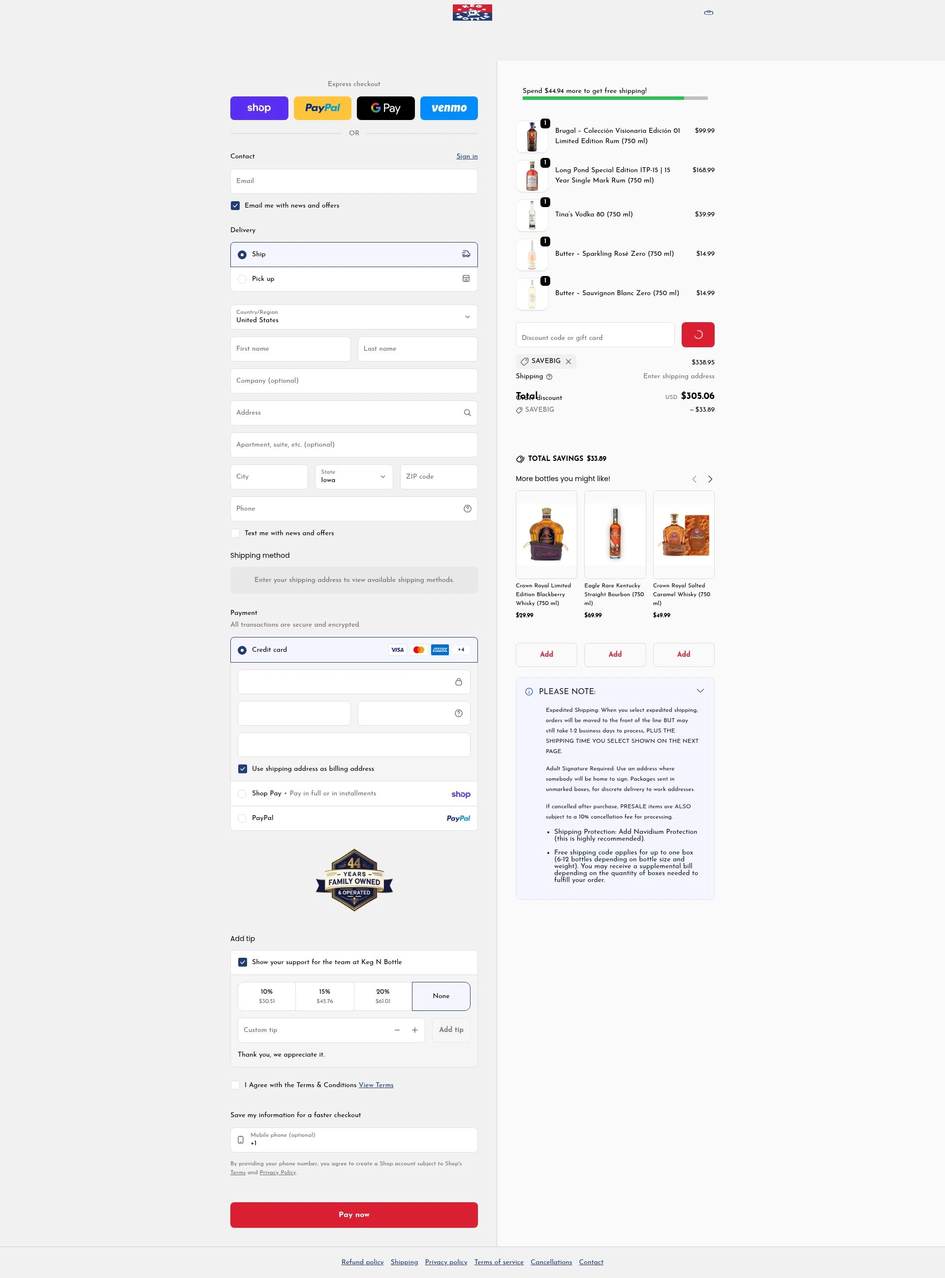 Keg N Bottle checkout page showing Keg N Bottle discount code box | Screenshot taken by SimplyCodes community member on Feb 6, 2026