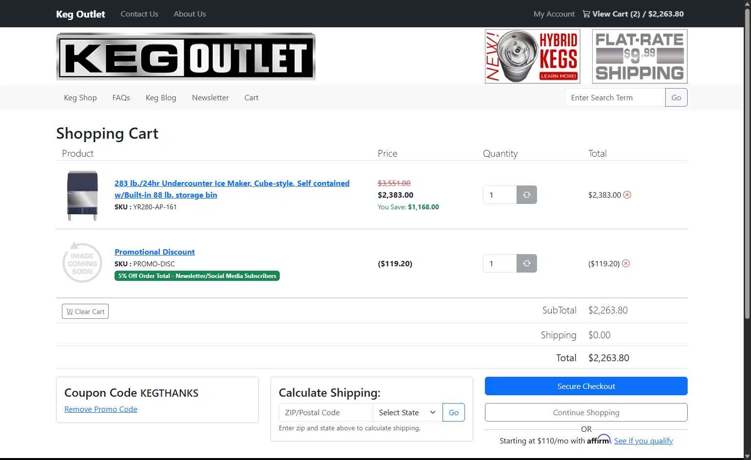Keg Outlet checkout page showing Keg Outlet coupon code box | Screenshot taken by SimplyCodes community member on Jan 14, 2026