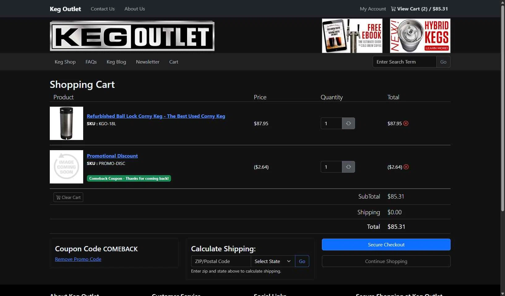 Keg Outlet checkout page showing Keg Outlet coupon code box | Screenshot taken by SimplyCodes community member on Aug 17, 2025