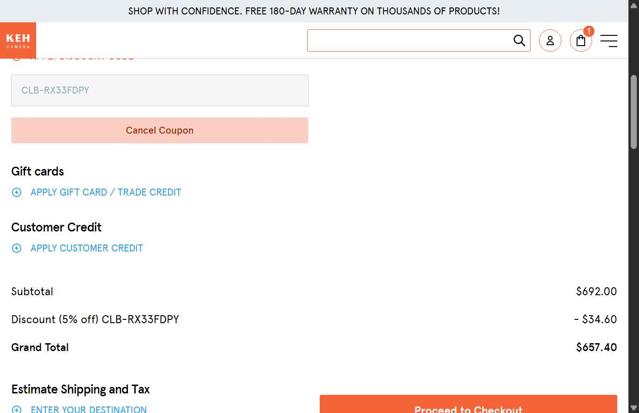 KEH Camera checkout page showing KEH Camera discount code box | Screenshot taken by SimplyCodes community member on Sep 11, 2025
