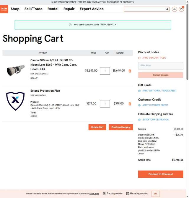 KEH Camera checkout page showing KEH Camera discount code box | Screenshot taken by SimplyCodes community member on Apr 23, 2025