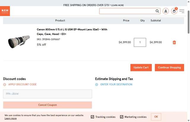KEH Camera checkout page showing KEH Camera discount code box | Screenshot taken by SimplyCodes community member on May 1, 2025
