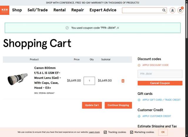 KEH Camera checkout page showing KEH Camera discount code box | Screenshot taken by SimplyCodes community member on Apr 15, 2025