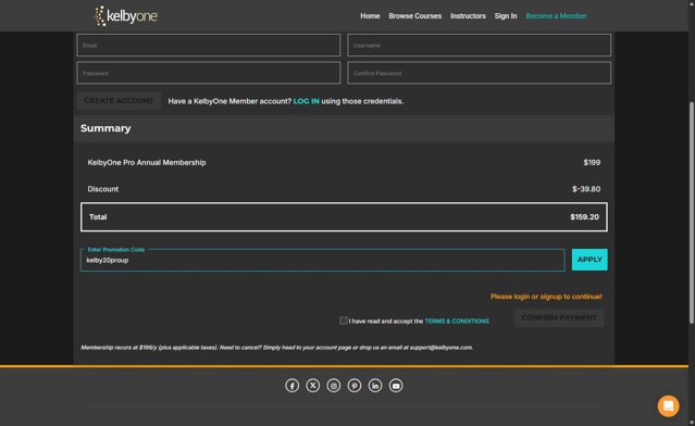 KelbyOne checkout page showing KelbyOne promo code box | Screenshot taken by SimplyCodes community member on Aug 31, 2025