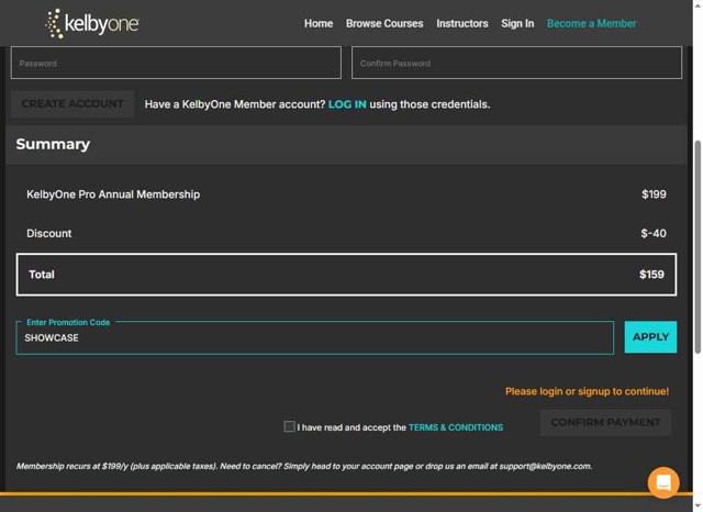 KelbyOne checkout page showing KelbyOne promo code box | Screenshot taken by SimplyCodes community member on Jul 13, 2025