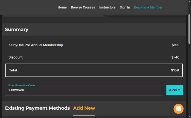 KelbyOne checkout page showing KelbyOne promo code box | Screenshot taken by SimplyCodes community member on Aug 25, 2025