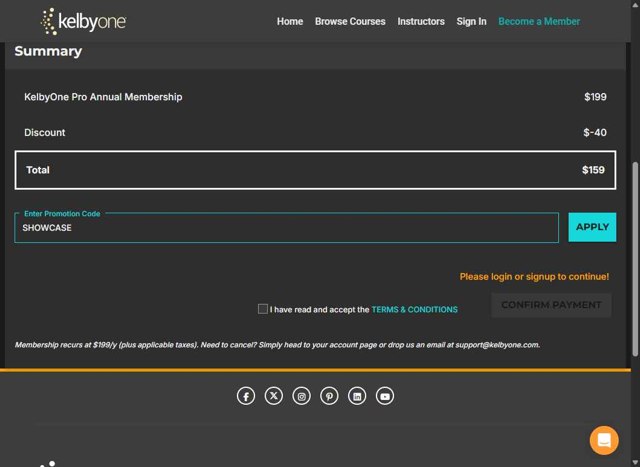 KelbyOne checkout page showing KelbyOne promo code box | Screenshot taken by SimplyCodes community member on Aug 11, 2025