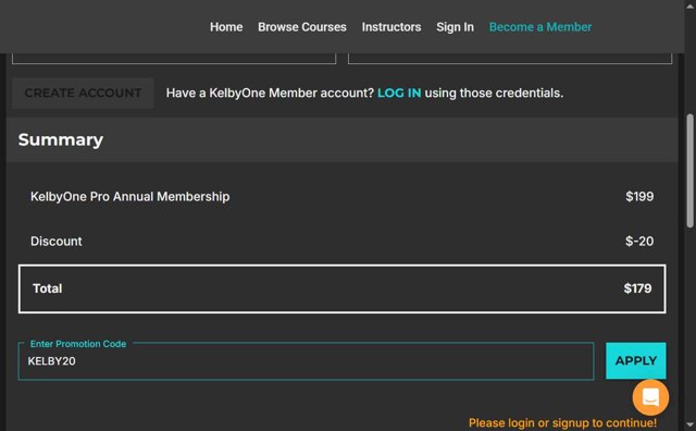 KelbyOne checkout page showing KelbyOne promo code box | Screenshot taken by SimplyCodes community member on Aug 31, 2025