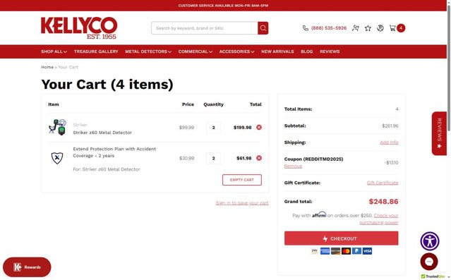 Kellyco Metal Detectors checkout page showing Kellyco Metal Detectors coupon code box | Screenshot taken by SimplyCodes community member on Aug 25, 2025