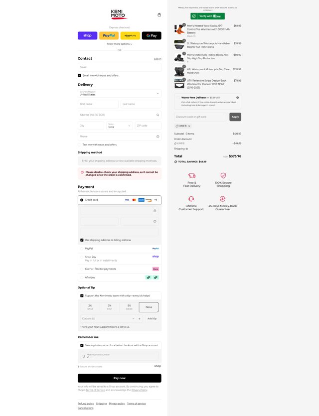 Kemimoto checkout page showing Kemimoto discount code box | Screenshot taken by SimplyCodes community member on Sep 4, 2025