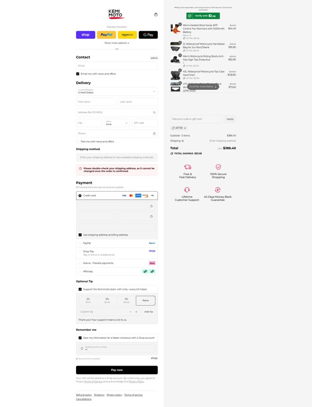 Kemimoto checkout page showing Kemimoto discount code box | Screenshot taken by SimplyCodes community member on Sep 4, 2025